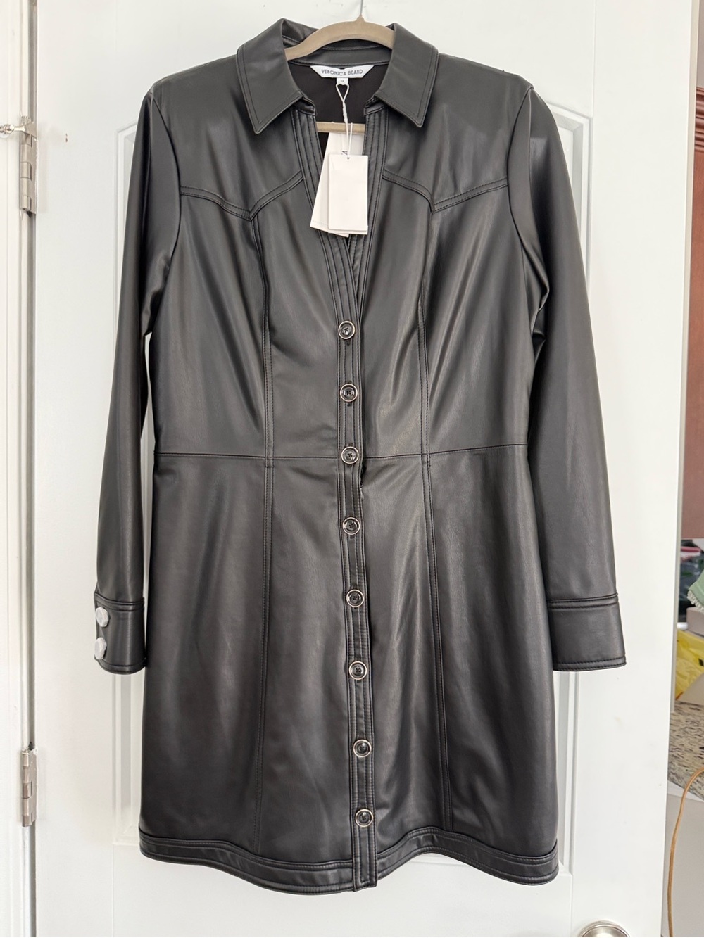 Veronica Beard Black Leather Button-Front Dress 12 NWT